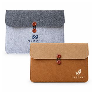 Kraft brown and light grey duo tone felt sleeves closing with a button and cord loop, each printed with a logo.
