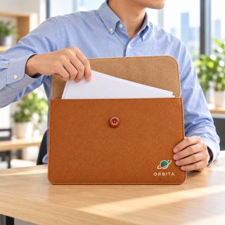 Man sliding papers into a brown felt sleeve with a button closure, printed with a sample logo
