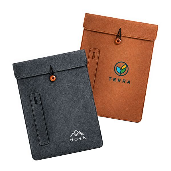 Dark grey and brown felt tablet sleeves with a wooden button flap and a front pen slot, printed with a logo