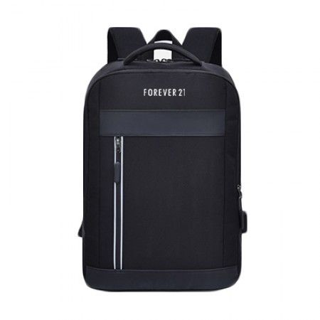 Black PU backpack with a horizontal panel across the top, a long zip down the centre front and a printed logo above it.