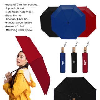 21'' Auto Open-Close 3 Fold Umbrella with Wooden Handle 11