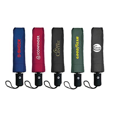 Five folded 3 fold umbrellas in navy, red, black, green and dark grey with wrist straps, each printed with a logo