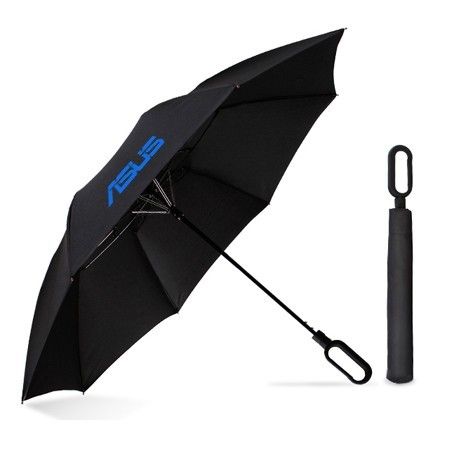 Open black 2 fold umbrella printed with a logo, with a closed umbrella and its sleeve beside it