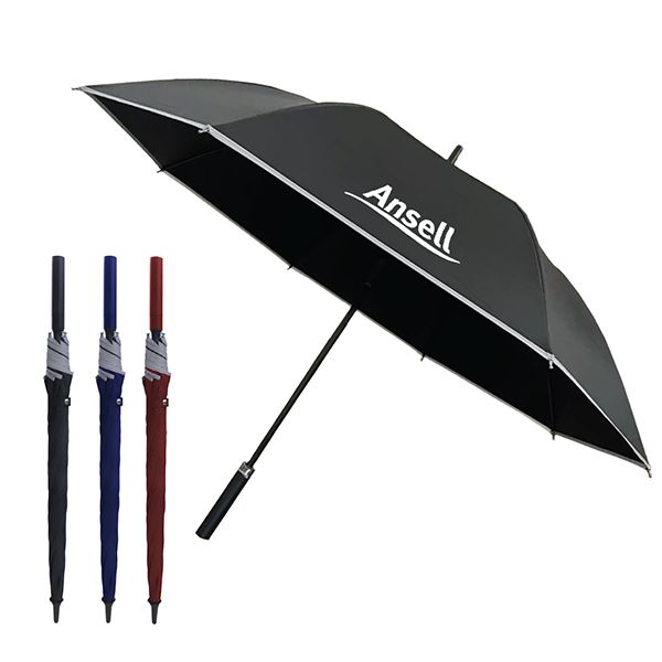 Open black golf umbrella with a reflective edge strip beside closed umbrellas with coloured handles, printed with a logo