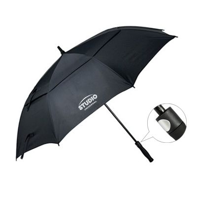 Open black double layer golf umbrella with a close up of the handle, printed with a logo