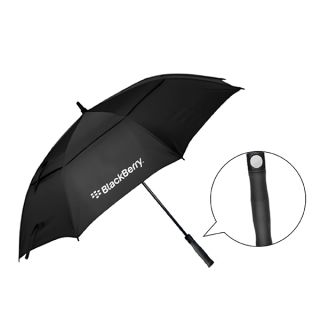 Black golf umbrella shown open and printed with a logo, with an inset close-up of its straight handle and push button.