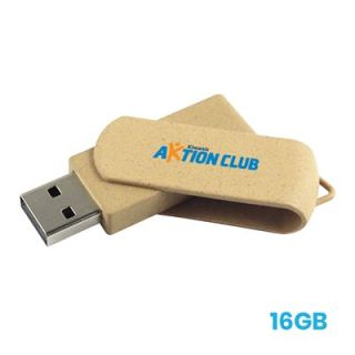 Beige flecked swivel flash drive printed with a colour logo, the connector swung out, marked 16GB