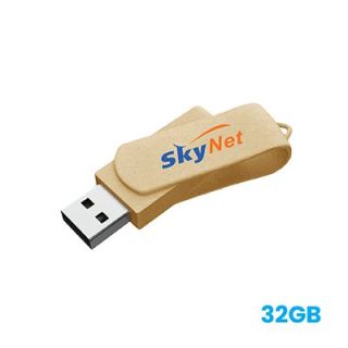Swivel flash drive in a beige flecked finish printed with a colour logo, the connector turned out to the left, marked 32GB