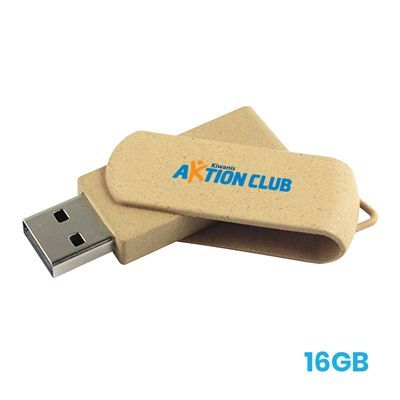 Beige flecked swivel flash drive printed with a colour logo, the connector swung out, marked 16GB