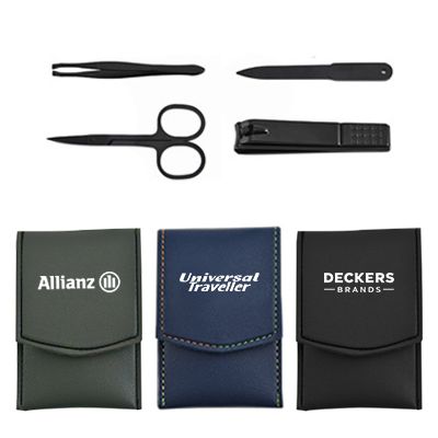 Black tweezers, nail file, scissors and clipper above three flap-over cases in olive, navy and black, each printed with a logo