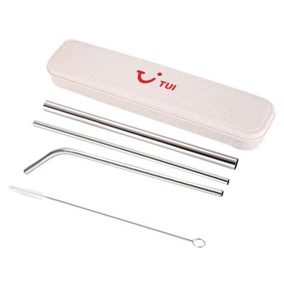 Silver straight and bent stainless steel straws with a cleaning brush beside a pale pink case printed with a logo