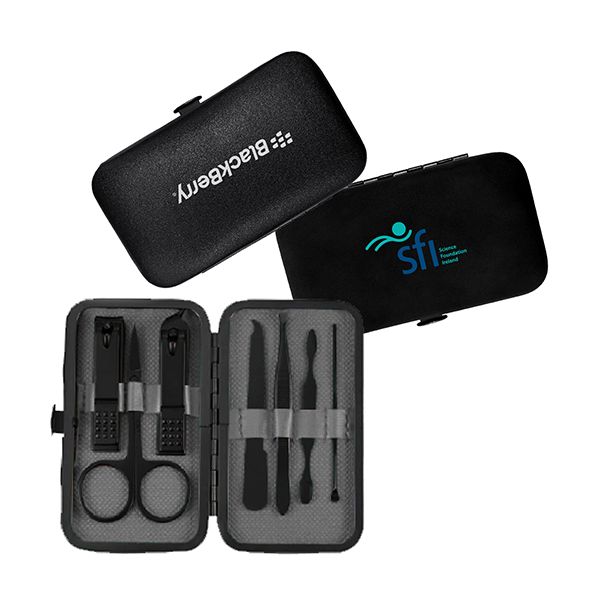 Two closed hard cases in black and navy printed with a logo, above an open case showing seven black grooming tools in its lining