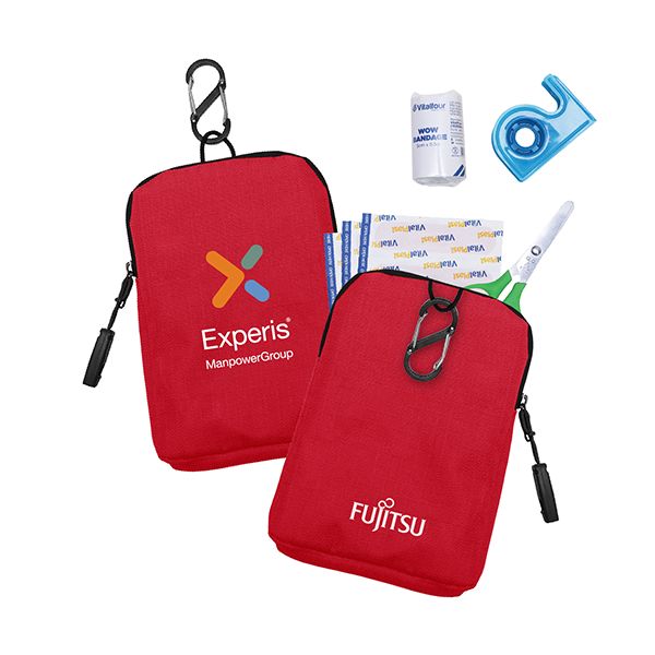 Two red polyester pouches with carabiner clips printed with logos, with plasters, a tape dispenser, tweezers and a spray bottle laid out behind them