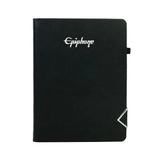 Black executive notebook with a pen loop and a metal corner clip, printed with a white logo