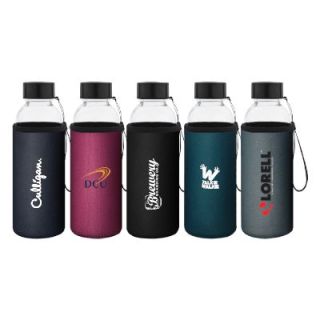 Five borosilicate glass bottles in navy, maroon, black, teal and dark blue neoprene sleeves with carry straps, each printed with a logo