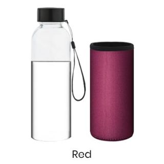 Glass bottle with a black strap beside a red neoprene sleeve, labelled Red