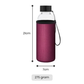 Glass bottle in a red sleeve measured 21cm tall and 7cm wide, marked 275 gram