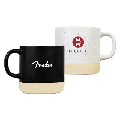 Matte black and speckled white ART two-tone ceramic mugs with unglazed clay bases, each printed with a sample logo