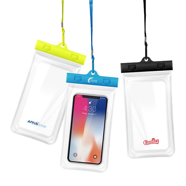 Three clear waterproof phone pouches with yellow, blue and black clip tops and neck lanyards, the middle one holding a phone, printed with logos