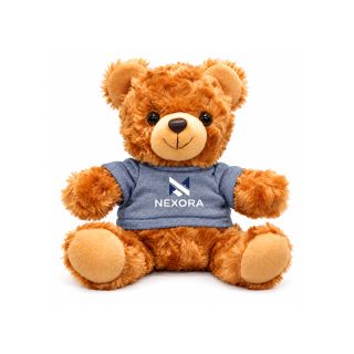 Brown teddy bear plush toy sitting down, wearing a grey tee printed with a logo
