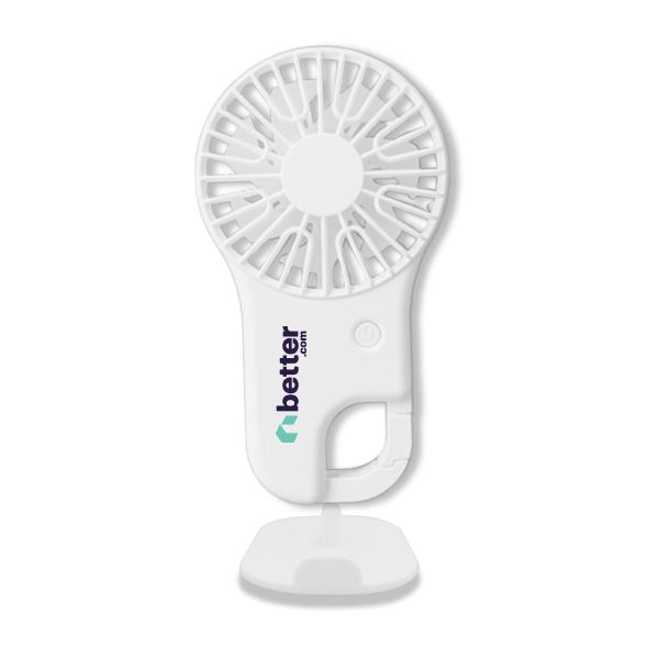 White mini fan with a stand and a buckle handle, printed with a logo