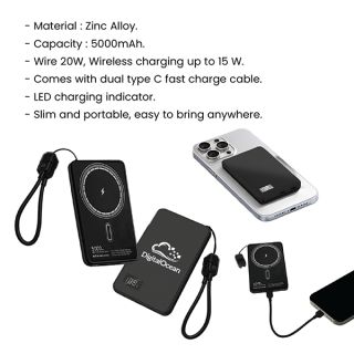 CABLE Magnetic 15W Wireless LED Power Bank and Type C Strap - 5000mAh 11