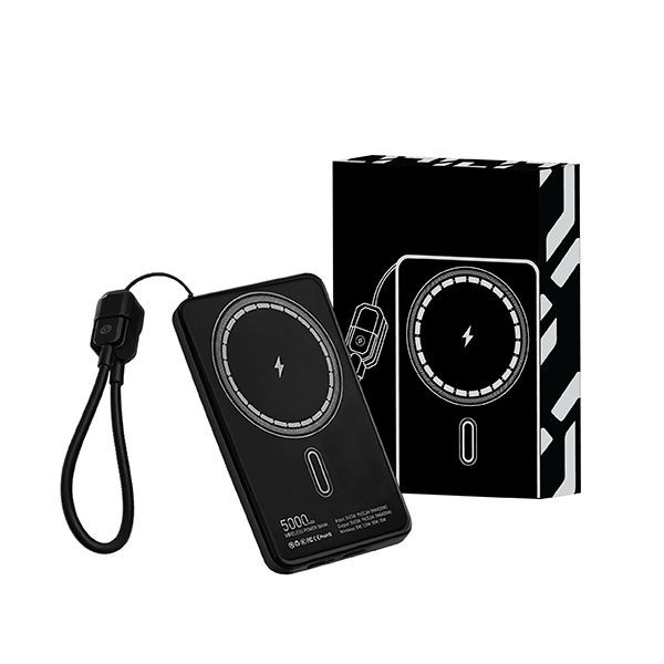 Flat black CABLE magnetic power bank with its wrist strap cable, standing beside its black printed gift box