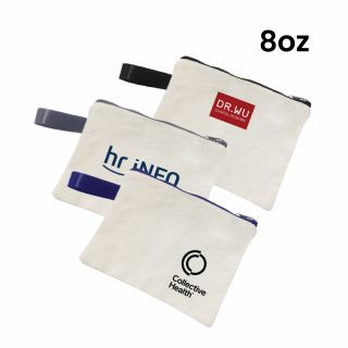 Three natural 8oz canvas zip pouches with a matching side carry handle and coloured zip pulls, each printed with a logo
