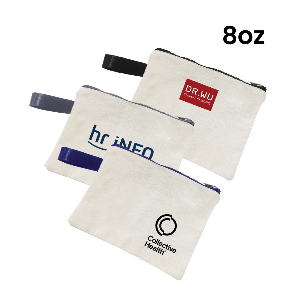 Three natural 8oz canvas zip pouches with a matching side carry handle and coloured zip pulls, each printed with a logo