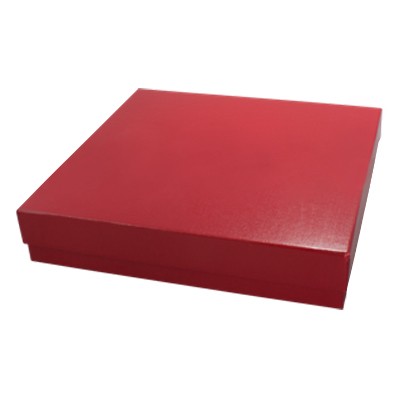 Closed flat square hard box in red with the lid seated on the base