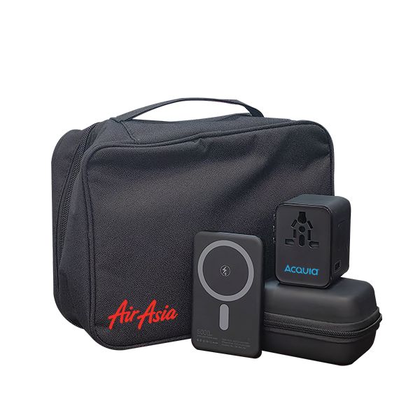 Black zip travel case with a wireless charger, a travel adapter and a small pouch, printed with a logo