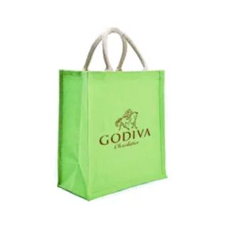 Green jute tote bag with off-white handles, printed with a logo