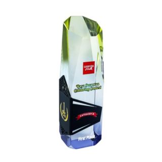 Faceted clear acrylic trophy with a black angled plate, a gold laurel and a red ribbon banner, printed with a logo and a first place title