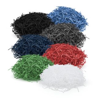 Piles of colour shredded paper in blue, black, navy, grey, red, green and white