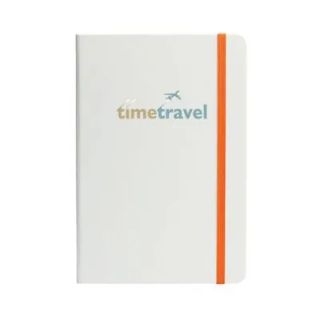 White notebook with an orange elastic band, printed with a logo in grey and blue