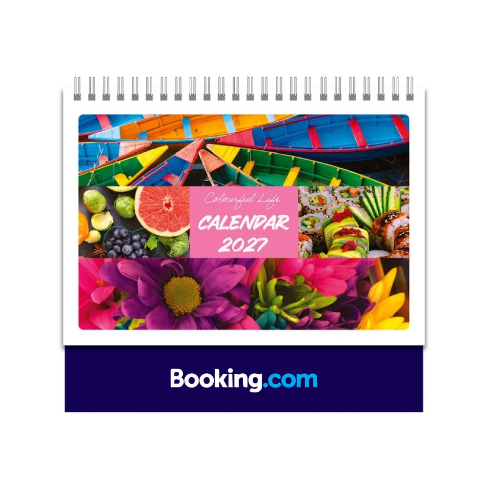 Landscape desk calendar with a colourful flower, fruit and textile collage cover and a logo on the navy base