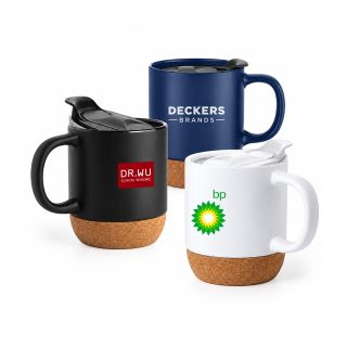 Black, blue and white ceramic mugs with cork bases and lids, printed with sample logos