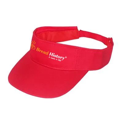 Red cotton sun visor with an open top and an adjustable back band, embroidered with a logo on the front