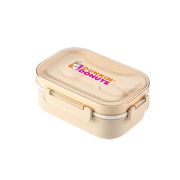 Natural bamboo fiber lunch box closed on its side clips, logo printed on the lid