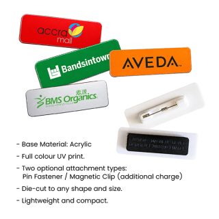 Feature summary for the acrylic UV print name tag, listing material, full colour printing and attachment options