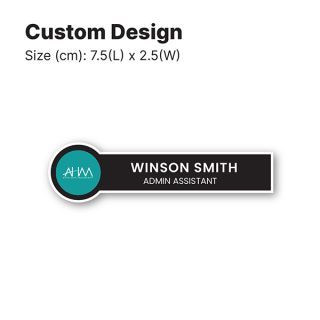 Size guide for the custom acrylic name tag, a 7.5 by 2.5cm badge carrying a logo, name and job title