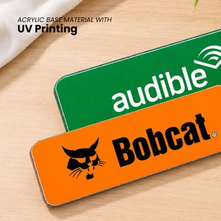 Green and orange acrylic name tags UV printed with full colour company logos