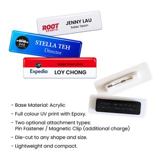 Feature summary for the epoxy coated acrylic name tag, listing material, printing and attachment options