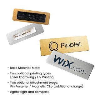 Feature summary for the metal engraved name tag, listing material, marking methods and attachment options