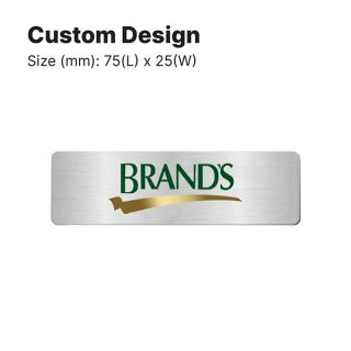 Custom design example, a brushed silver metal name tag printed with a sample logo, 75 x 25mm