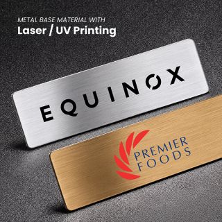 Black and gold metal name tags marked by laser engraving and UV printing