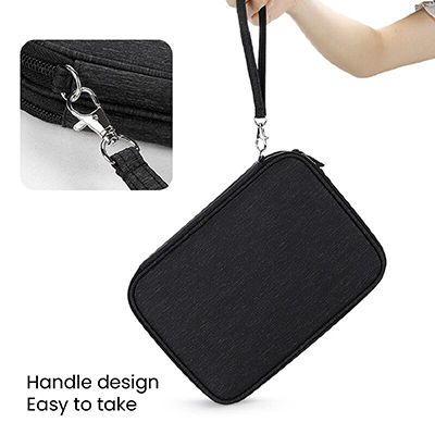 Black zipped gadget pouch carried by its wrist strap
