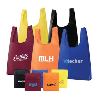 Foldable nylon shopping bags in maroon, yellow, orange, black and blue with matching folded pouches, printed with a logo