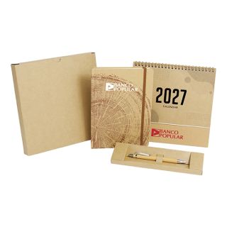 Kraft set of a wood grain print notebook, kraft desk calendar and a pen in a kraft pen box, printed with a logo