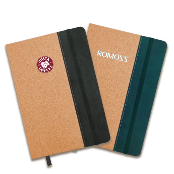 Two ECO-CORK notebooks with cork-textured covers and dark velvet-tone spines, one black and one green, each printed with a sample logo